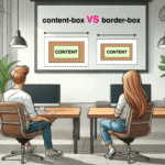 A girl and a boy on an office looking at a big screen, comparing content-box with border-box CSS properties.