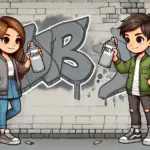 Boy and girl making graffiti with gray and grey sprays.
