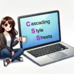 A girl siiting next to a huge screen that has the "Cascading Style Sheet" written on